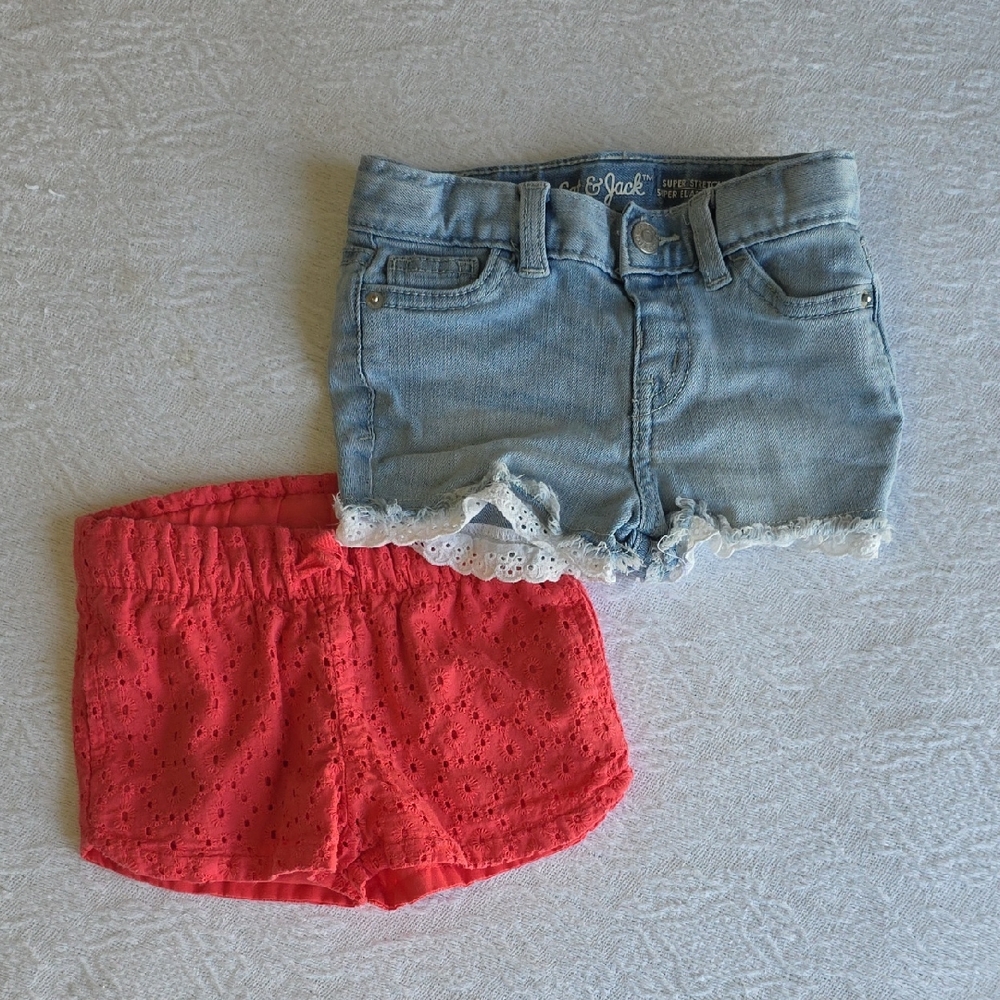 Cat & Jack Light Denim Lace-Trim & Coral Eyelet Shorts Set - 12 Month